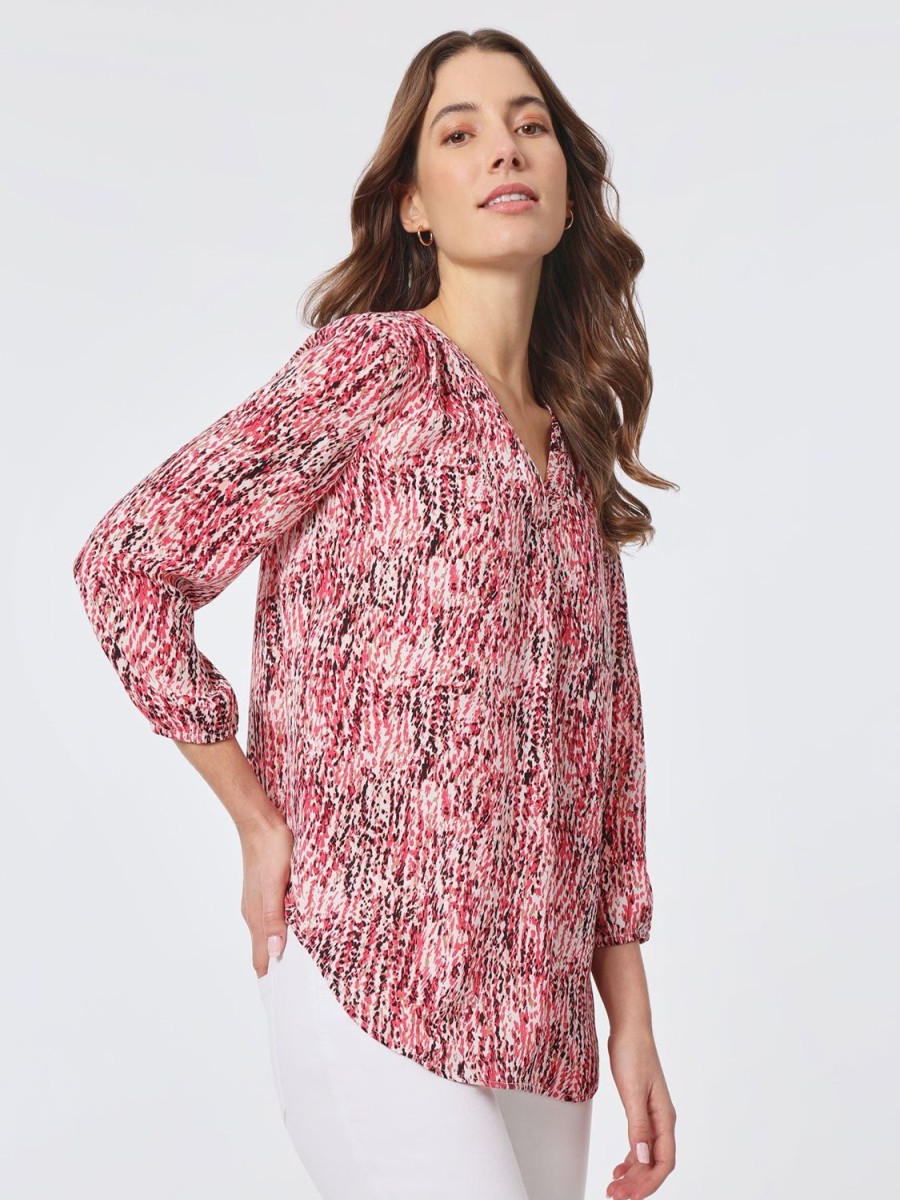 Jones New York Printed V-Neck Pleated Kelly Blouse