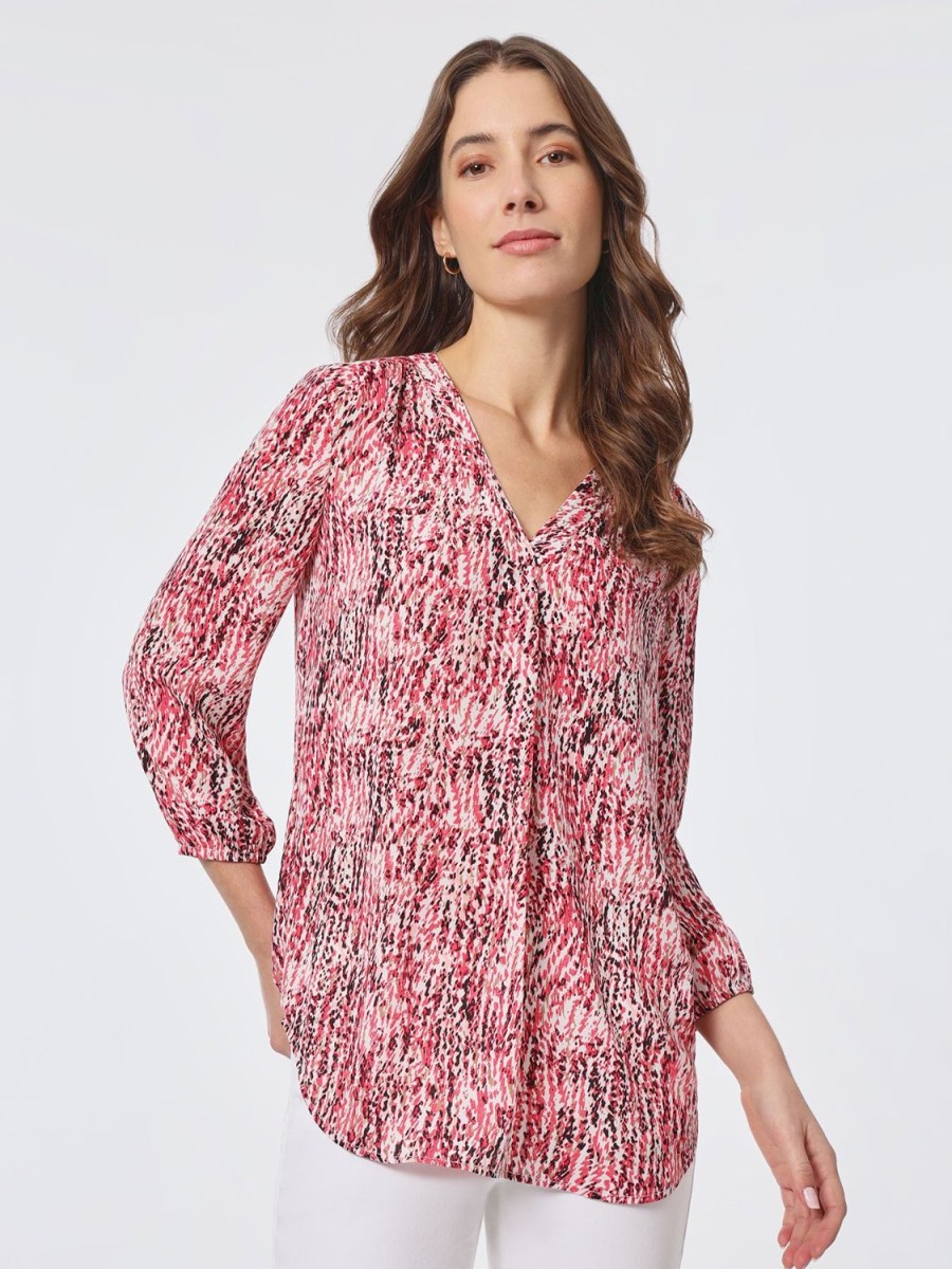 Jones New York Printed V-Neck Pleated Kelly Blouse