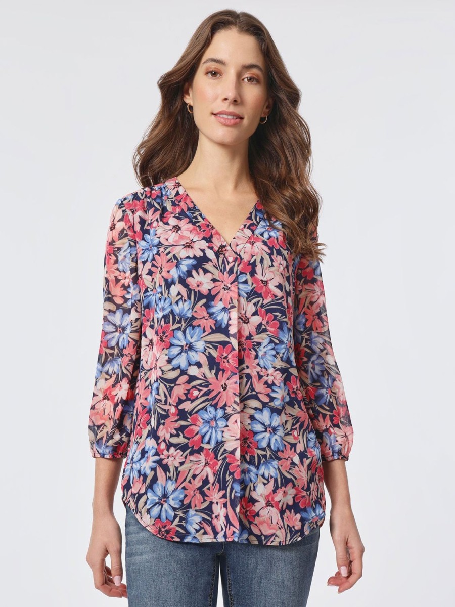 Jones New York Printed V-Neck Pleated Kelly Blouse