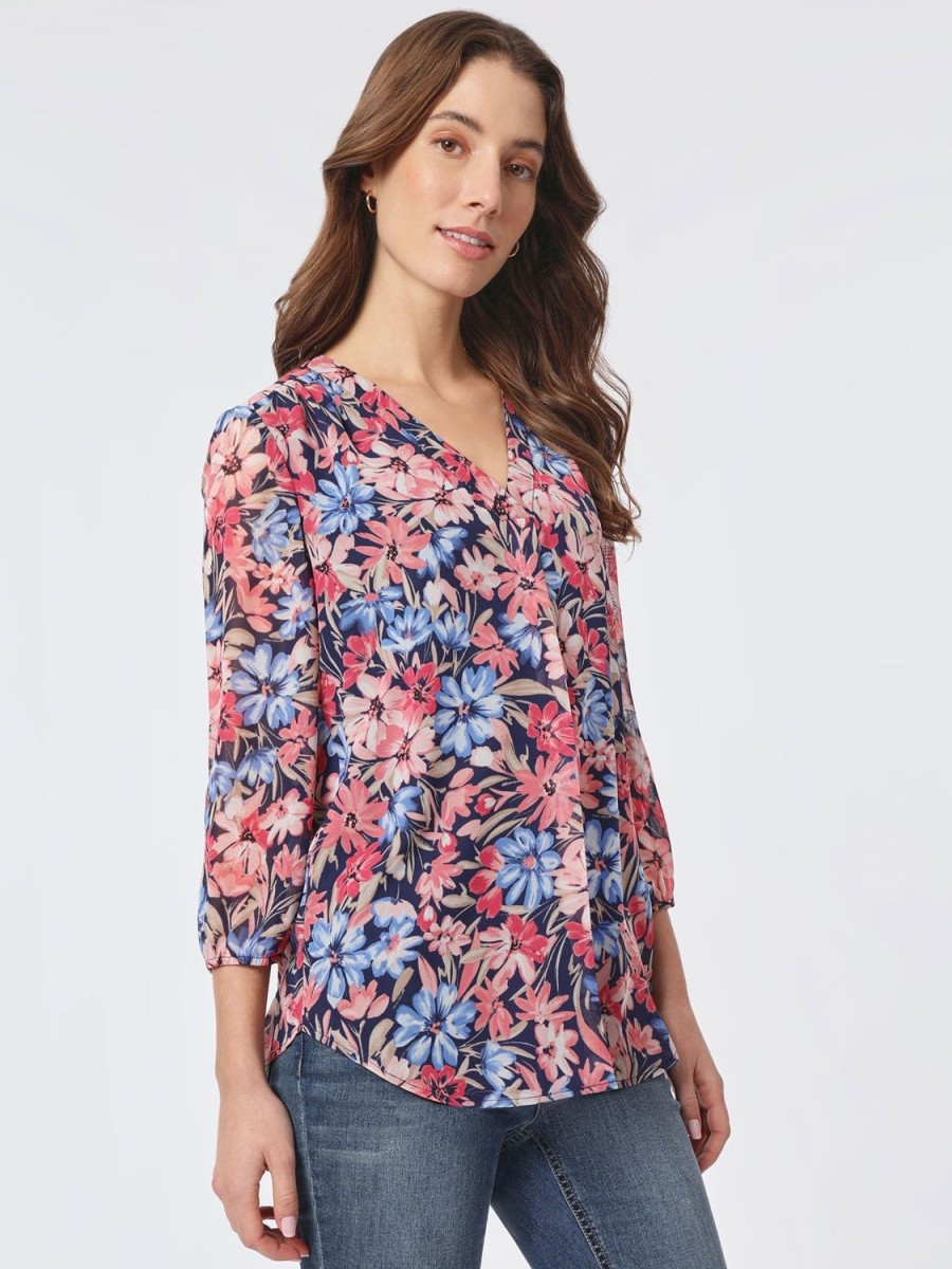 Jones New York Printed V-Neck Pleated Kelly Blouse