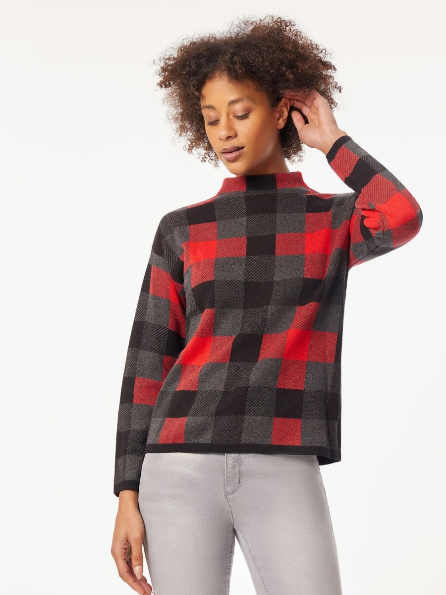 Jones New York Checked Mock Neck Jacquard Sweater