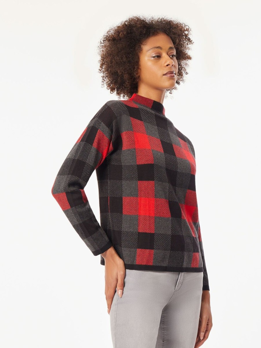 Jones New York Checked Mock Neck Jacquard Sweater