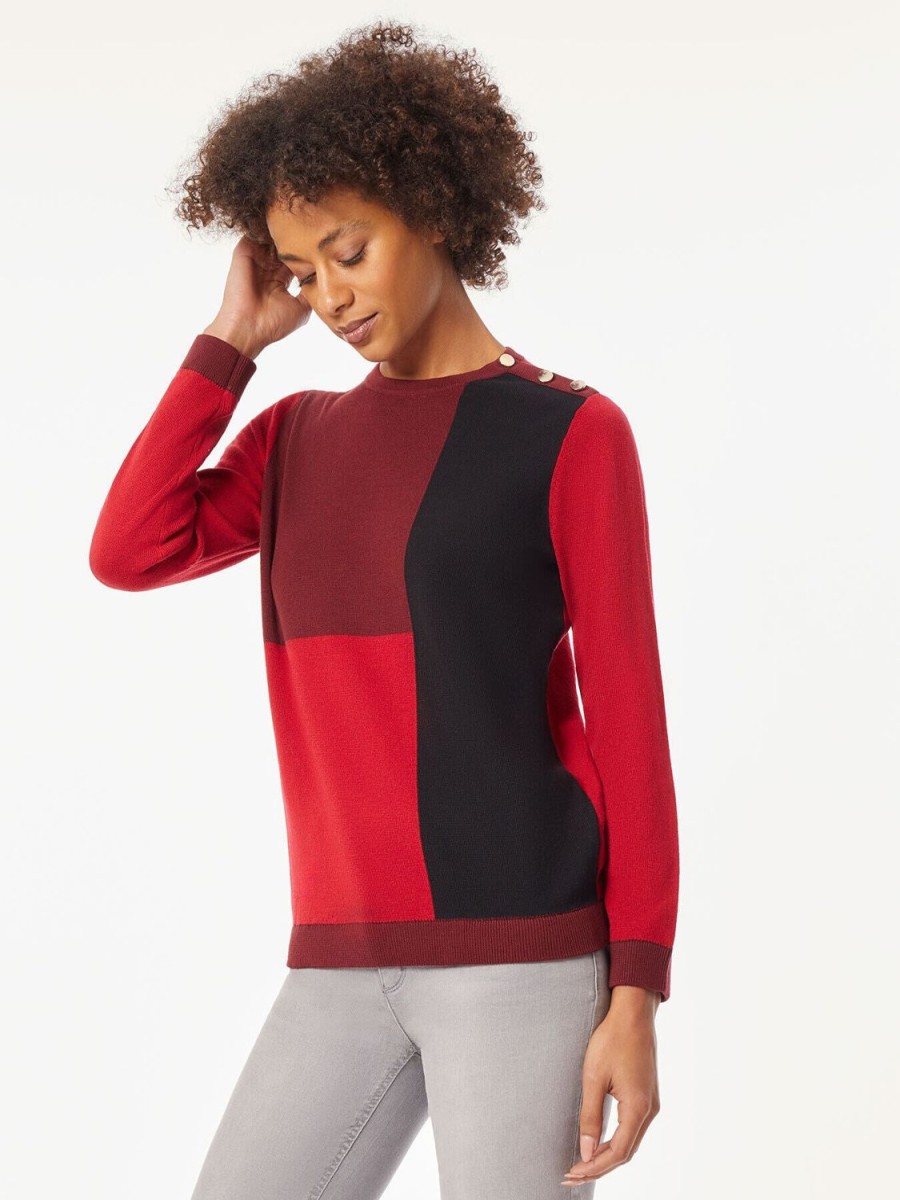 Jones New York Colorblock Crew Neck Button Detail Sweater