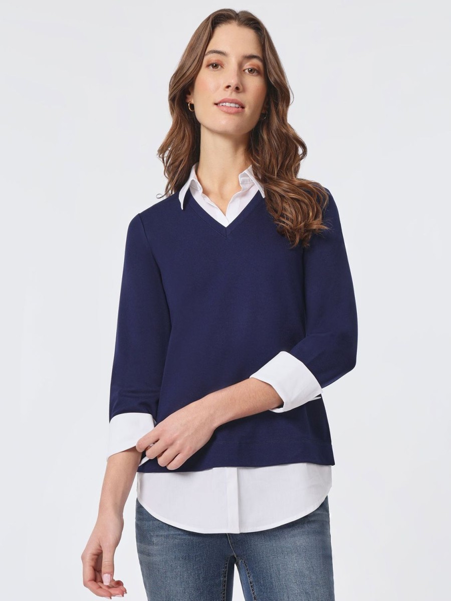 Jones New York Solid V-Neck Knit Combo Top