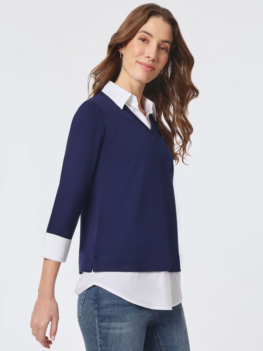 Jones New York Solid V-Neck Knit Combo Top