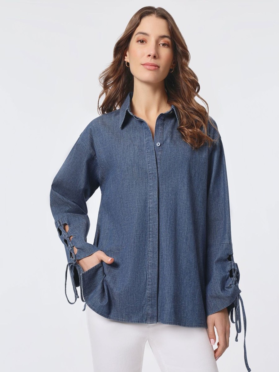 Jones New York Denim Detail Sleeves Button-Front Shirt