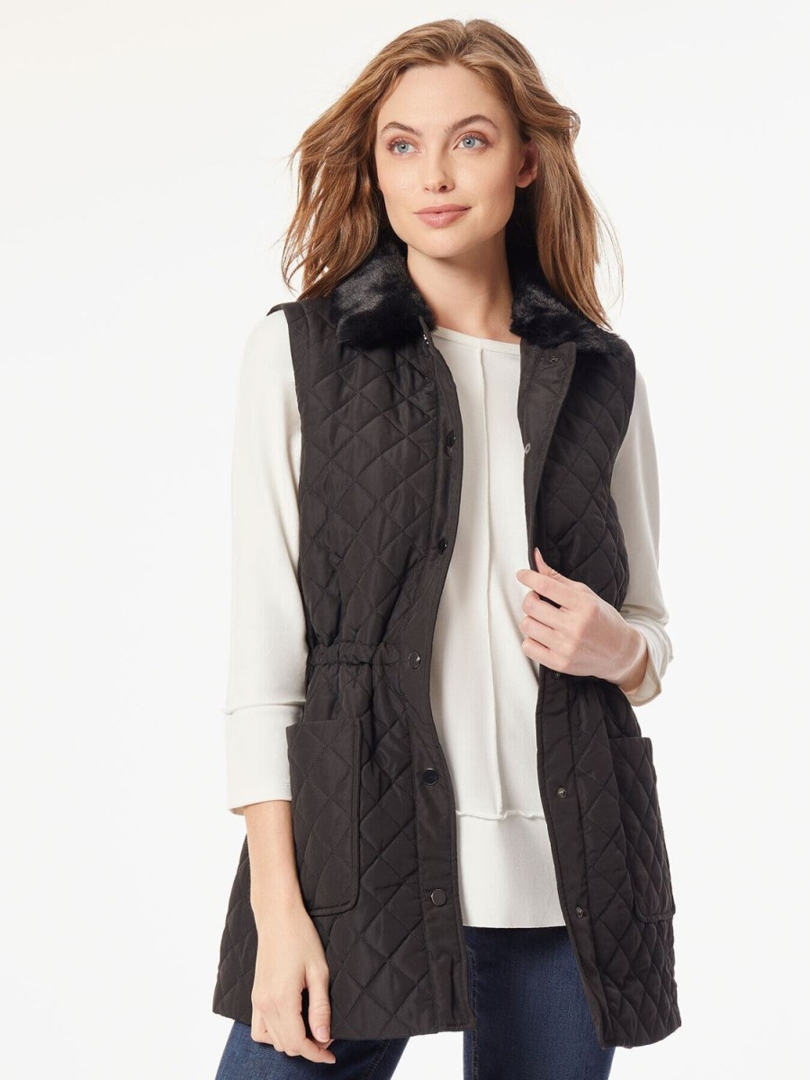 Jones New York Plus Size Snap Front Quilted Fur Collar Vest