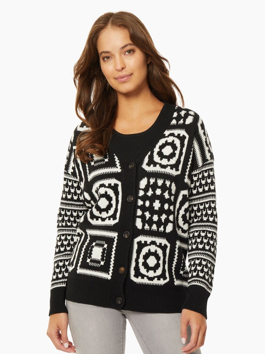 Jones New York Patchwork Pattern Jacquard Boyfriend Cardigan