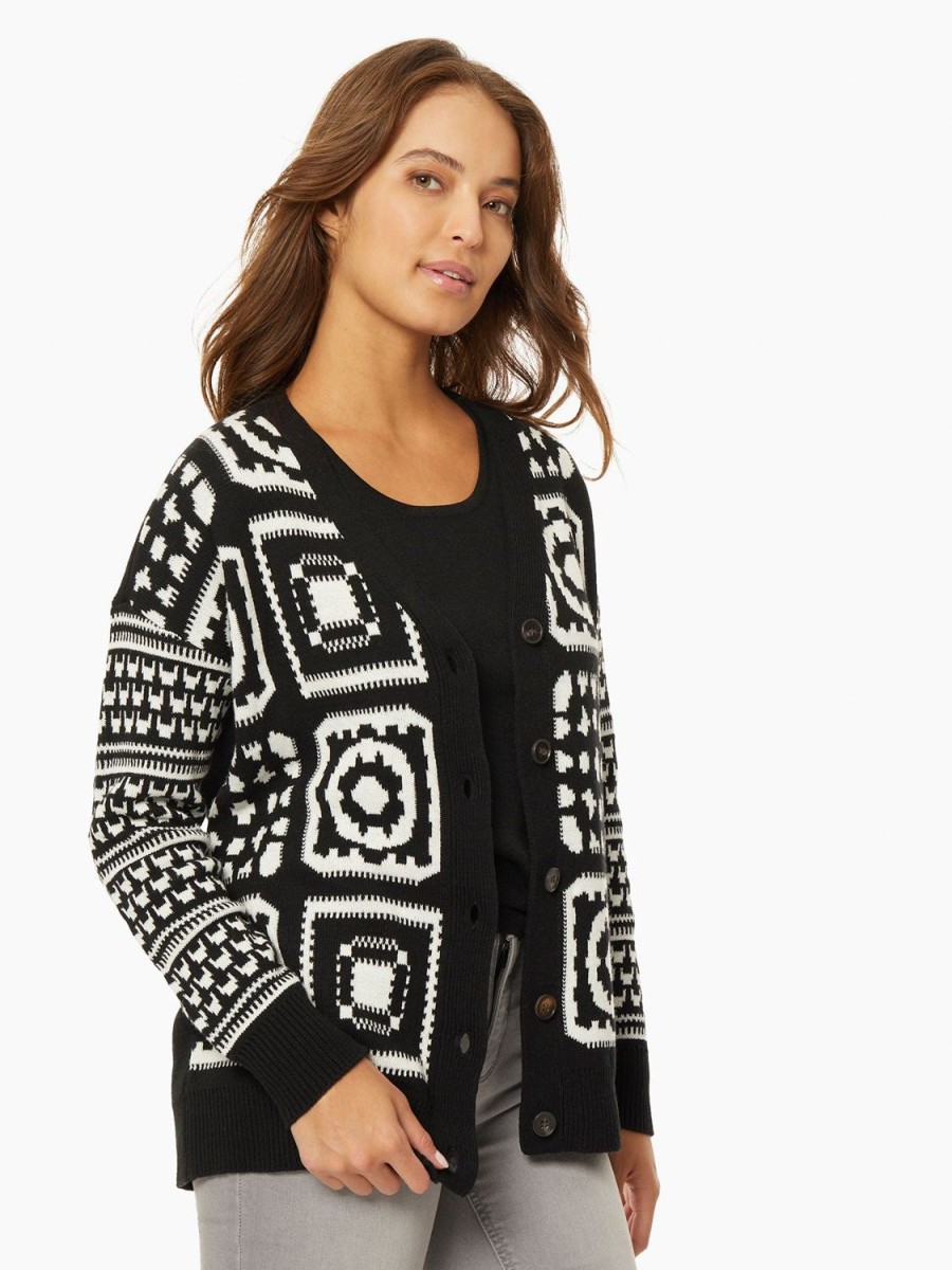 Jones New York Patchwork Pattern Jacquard Boyfriend Cardigan