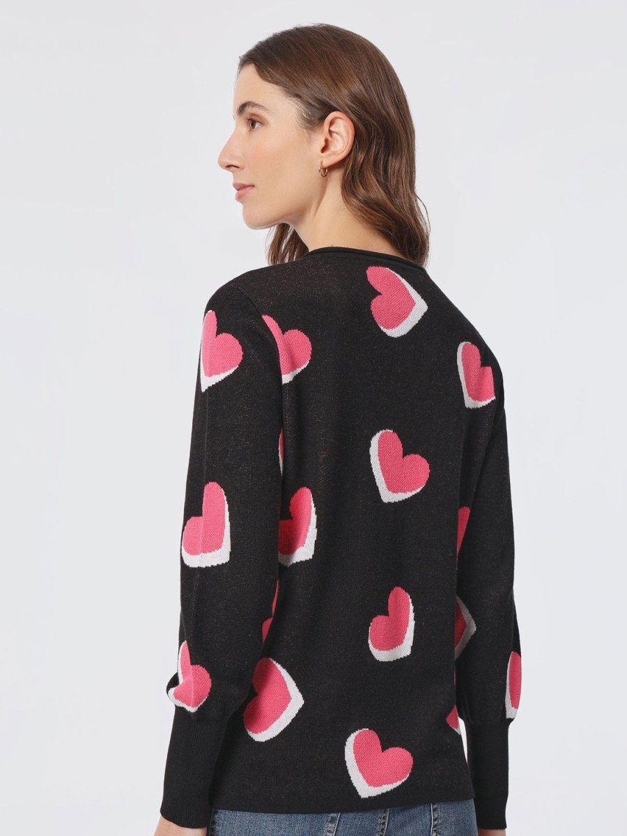 Jones New York Heart Shape V-Neck Puff Sleeve Sweater