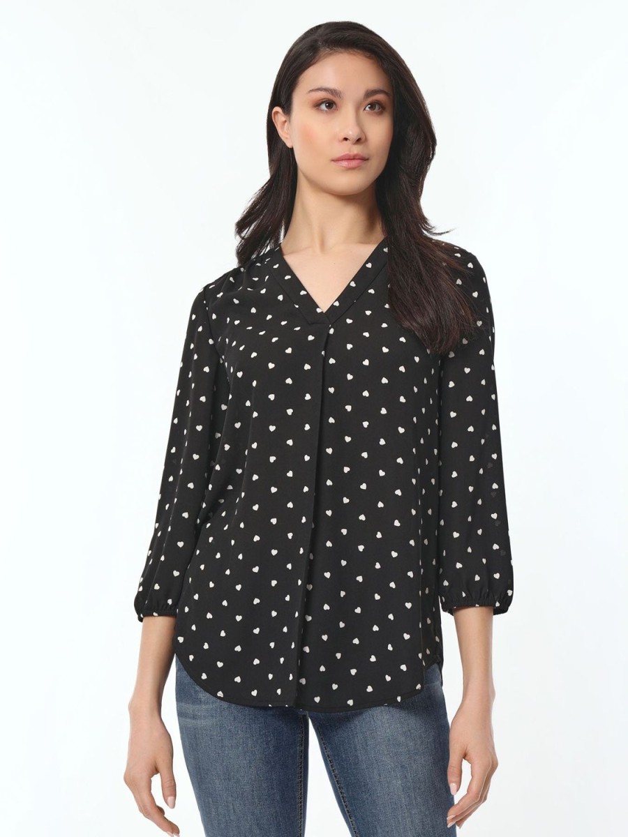 Jones New York Heart Print V-Neck Kelly Blouse