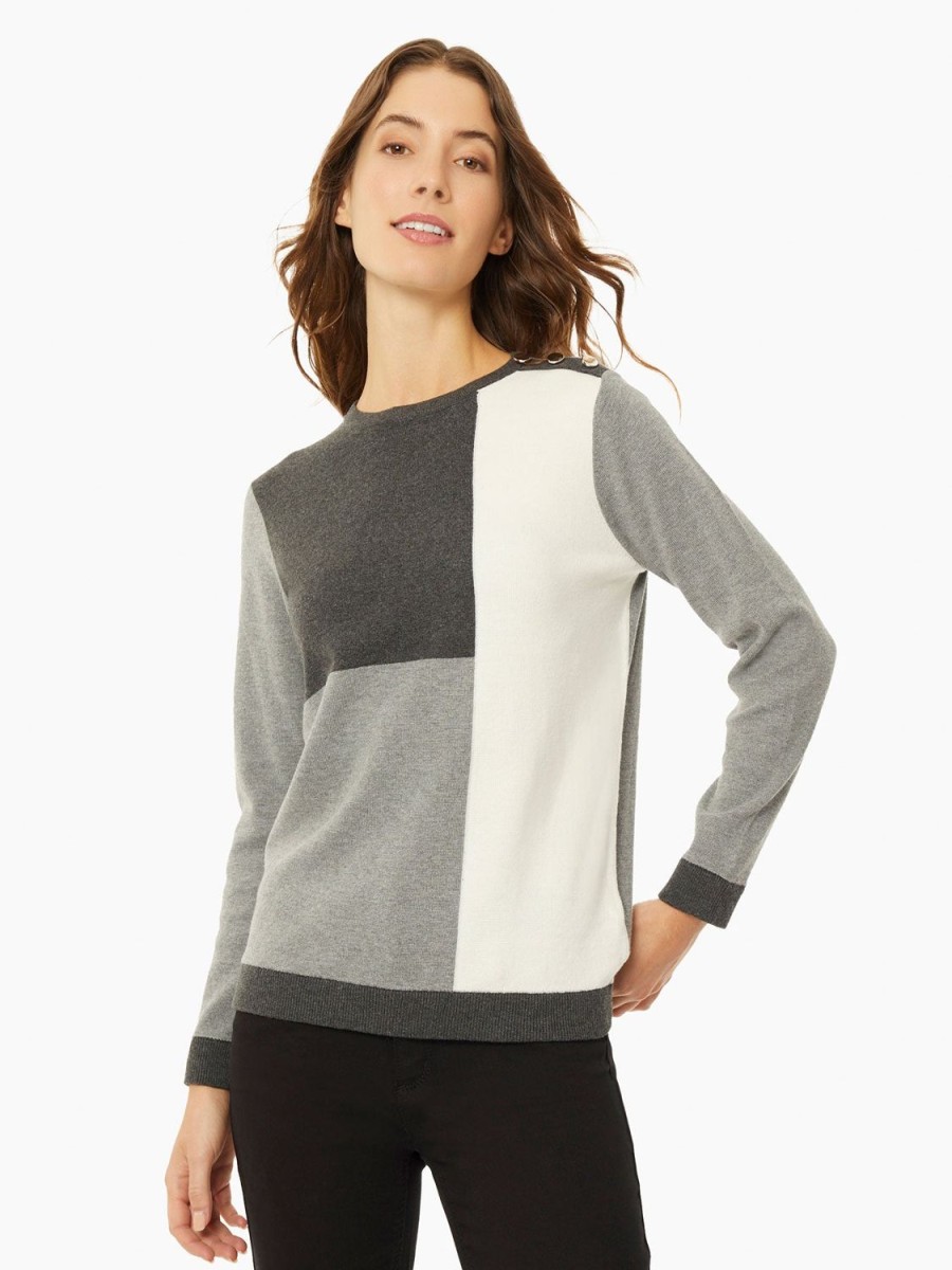 Jones New York Colorblock Crew Neck Button Detail Sweater