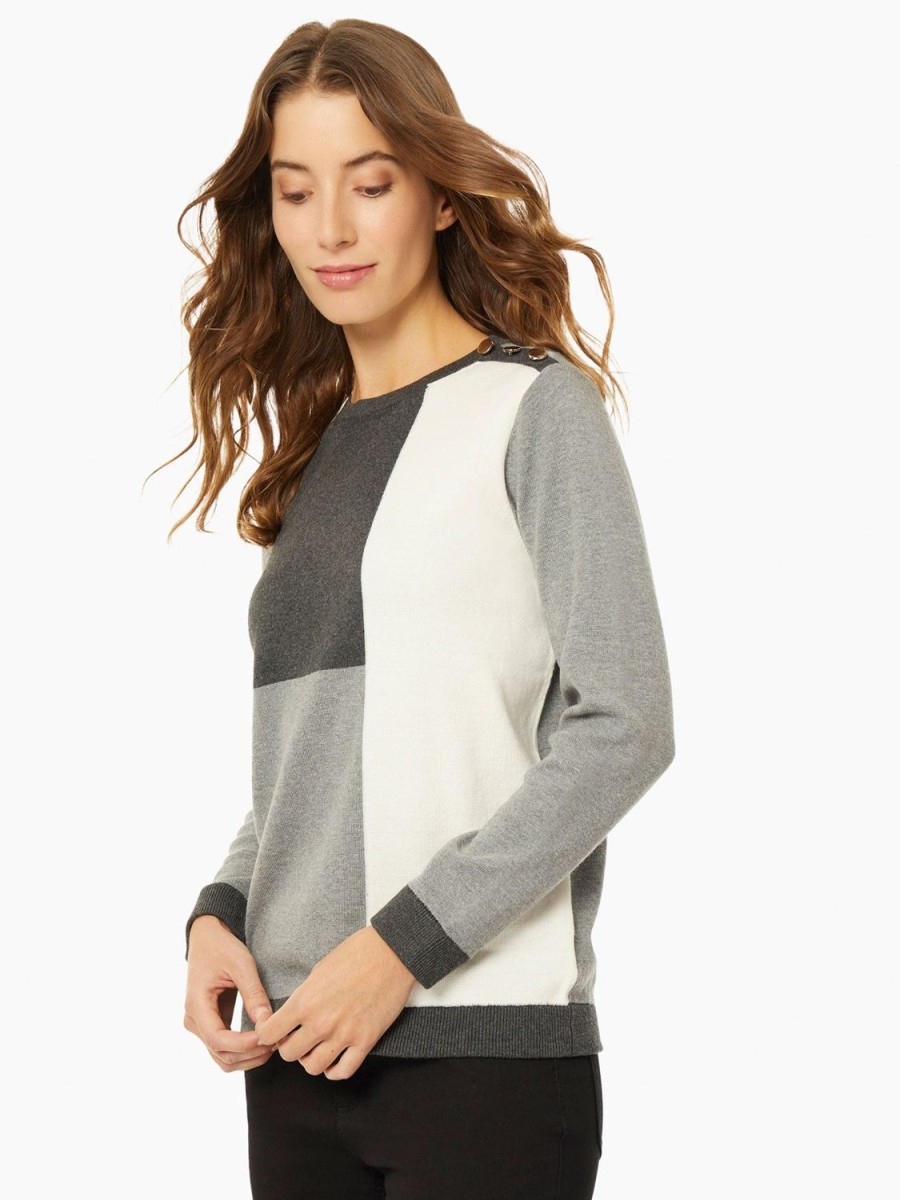 Jones New York Colorblock Crew Neck Button Detail Sweater