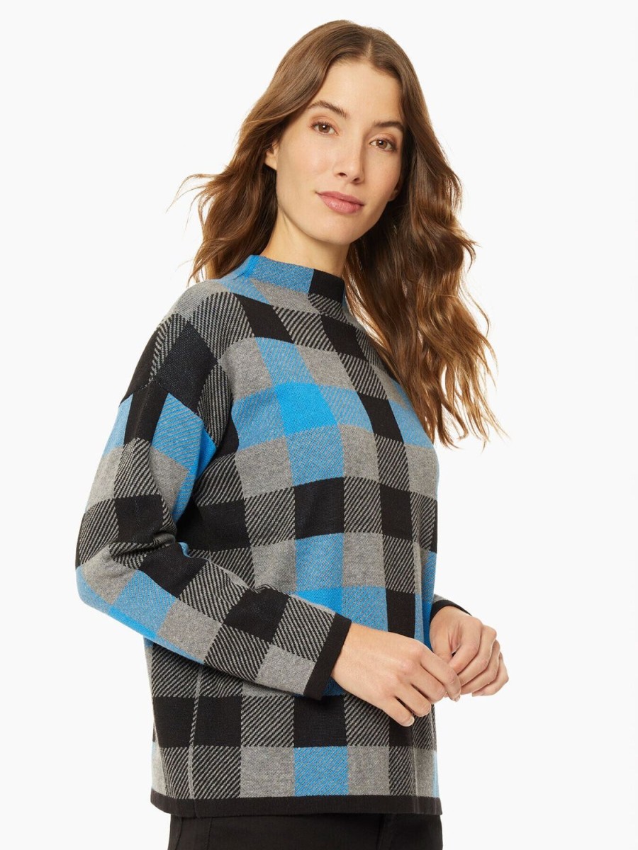 Jones New York Checked Mock Neck Jacquard Sweater