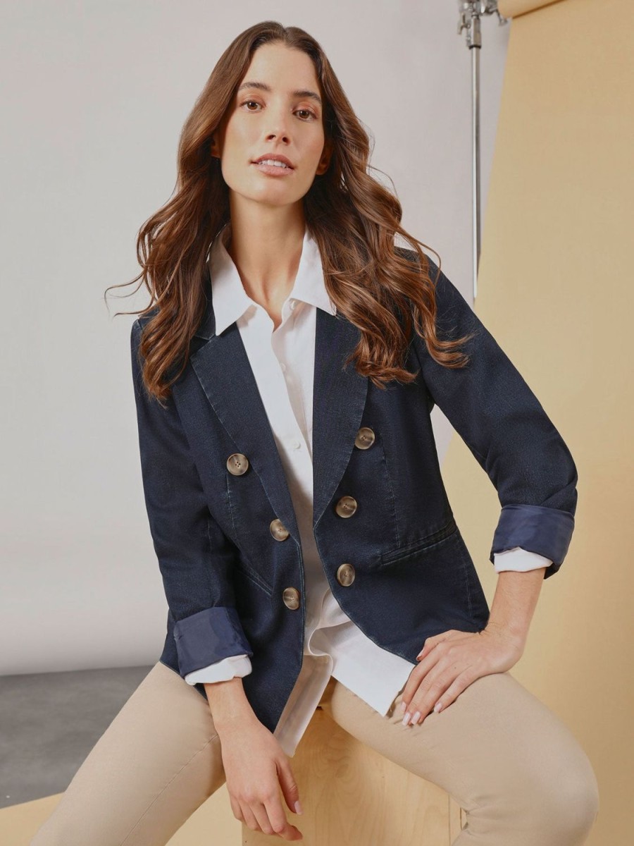 Jones New York Denim Faux Double Breasted Blazer