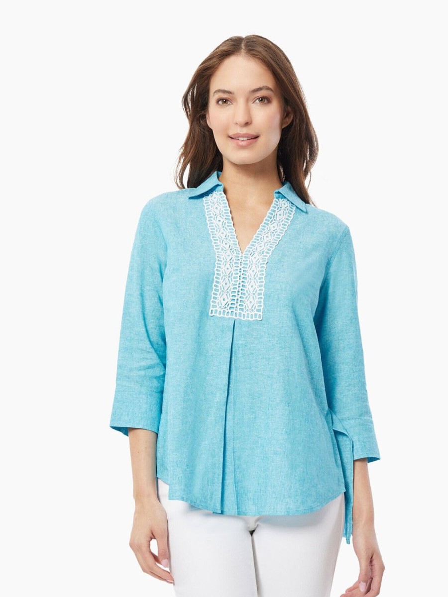 Jones New York Collared Lace-Front Linen-Blend Blouse