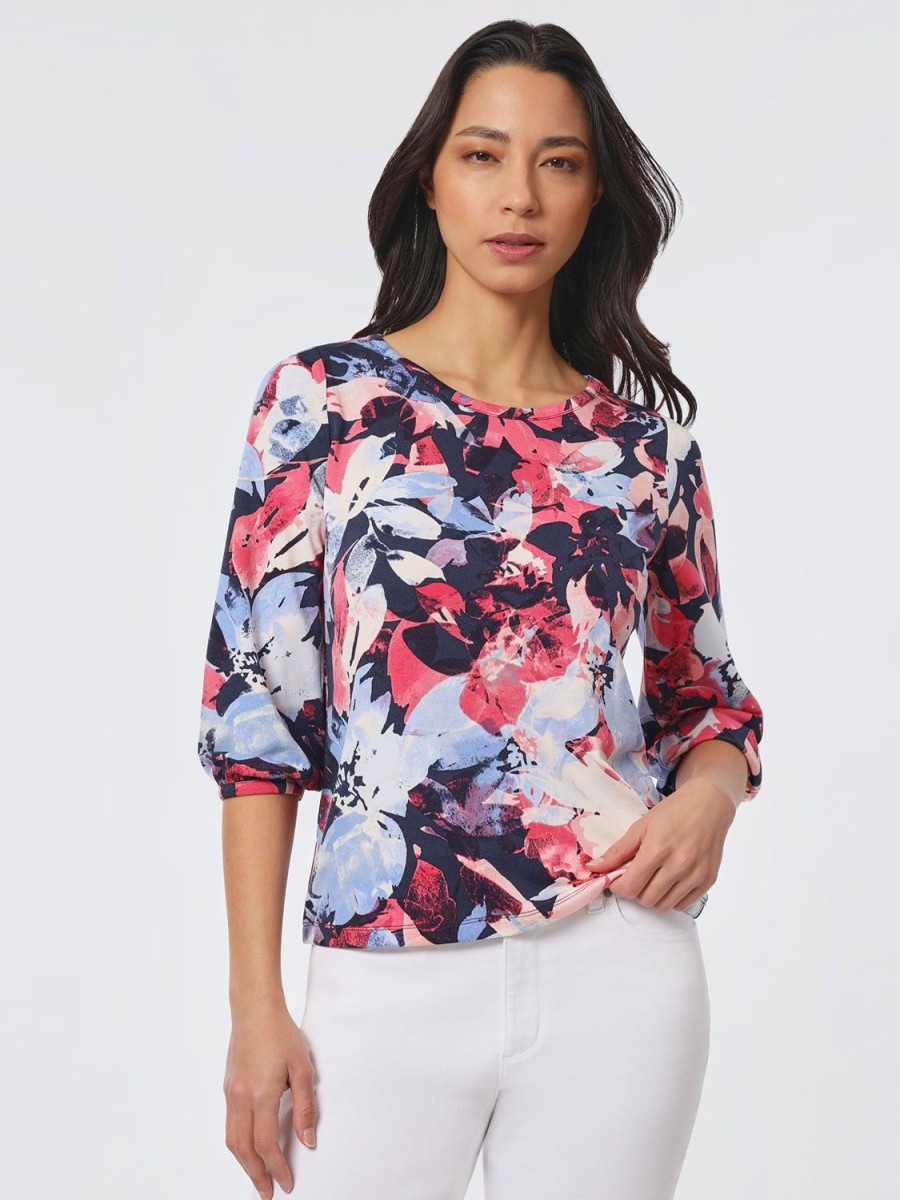 Jones New York Plus Size Printed Moss Crepe Puff Sleeve Top