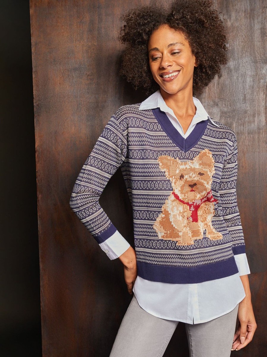 Jones New York Holiday Dog V-Neck Sweater