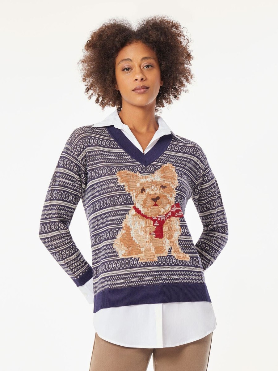 Jones New York Holiday Dog V-Neck Sweater