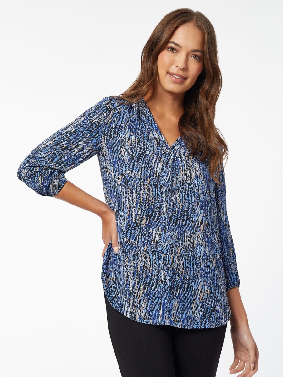 Jones New York Printed V-Neck Pleated Kelly Blouse