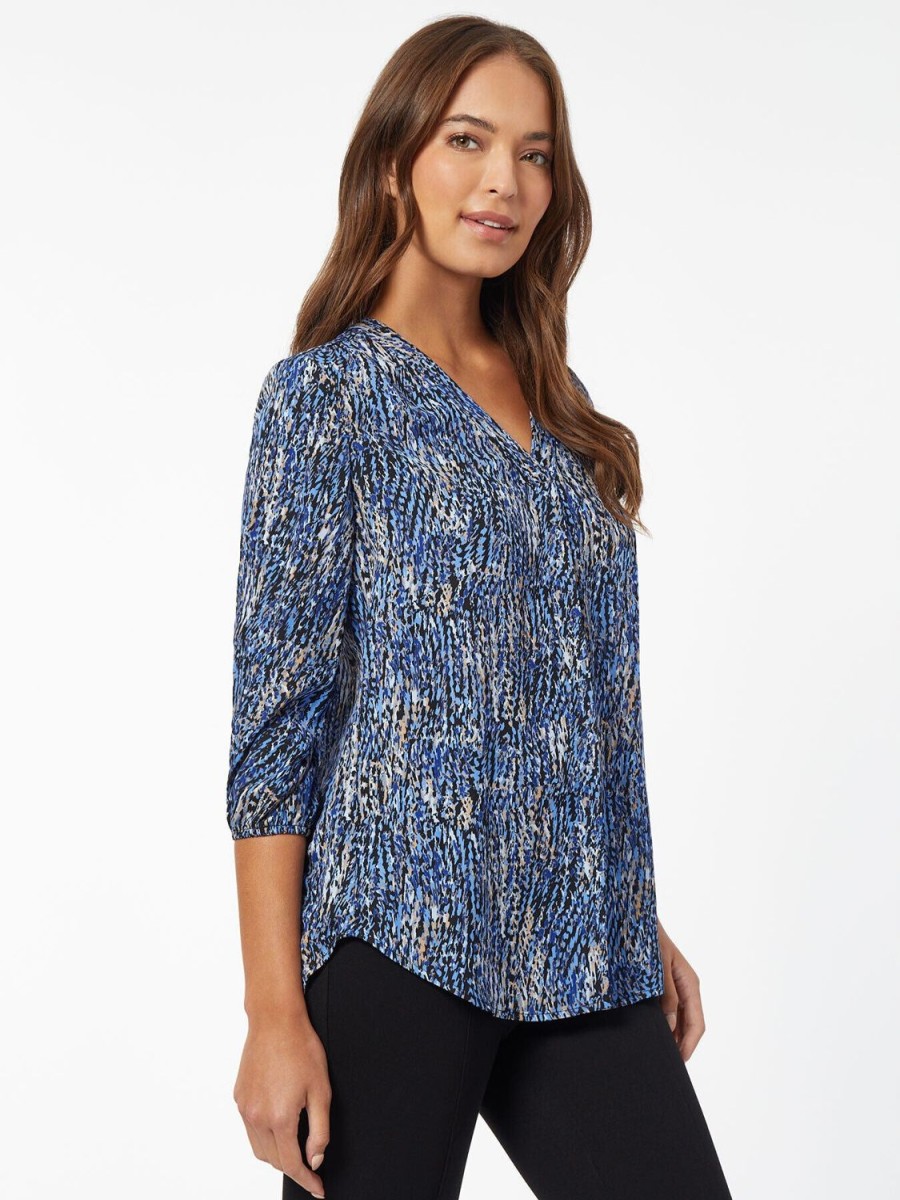 Jones New York Printed V-Neck Pleated Kelly Blouse