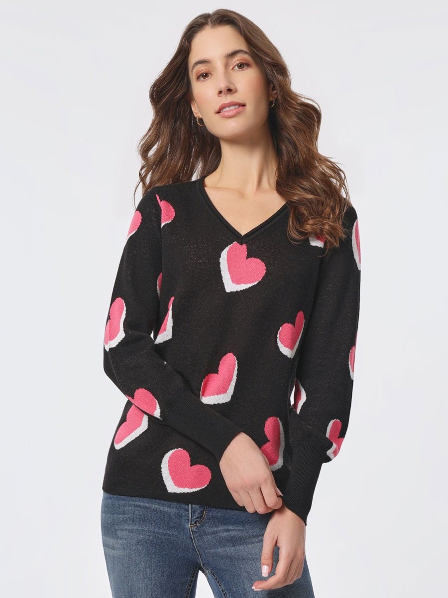 Jones New York Heart Shape V-Neck Puff Sleeve Sweater