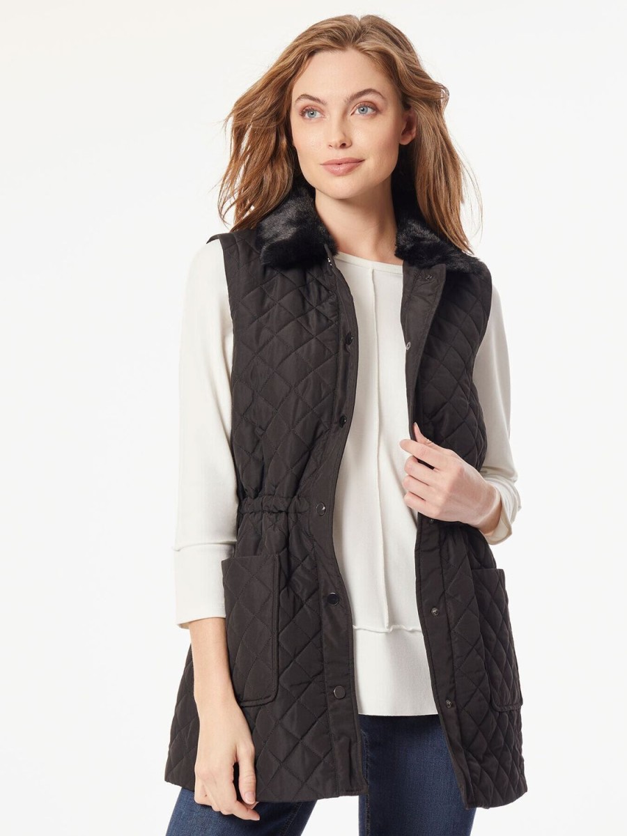 Jones New York Snap Front Quilted Fur Collar Vest