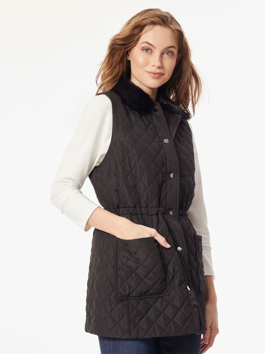 Jones New York Snap Front Quilted Fur Collar Vest