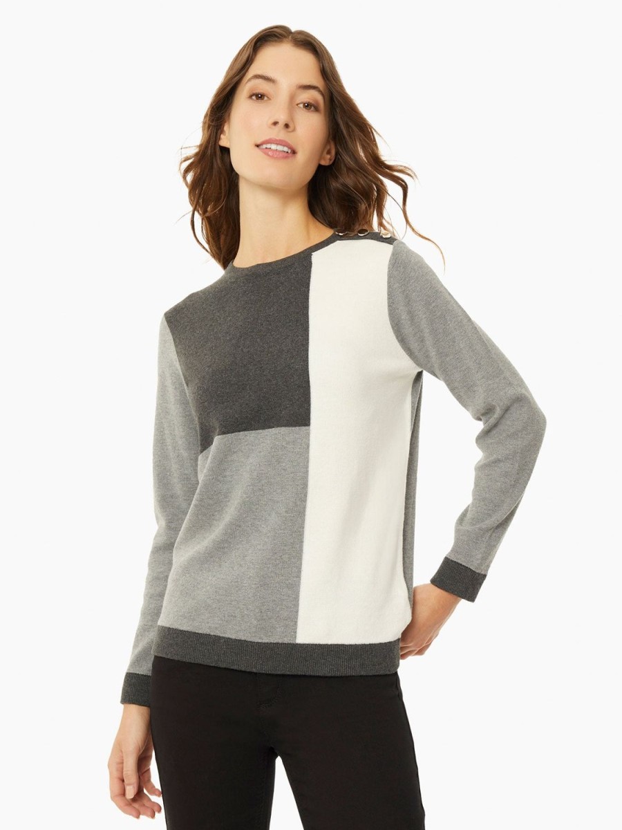 Jones New York Colorblock Crew Neck Button Detail Sweater