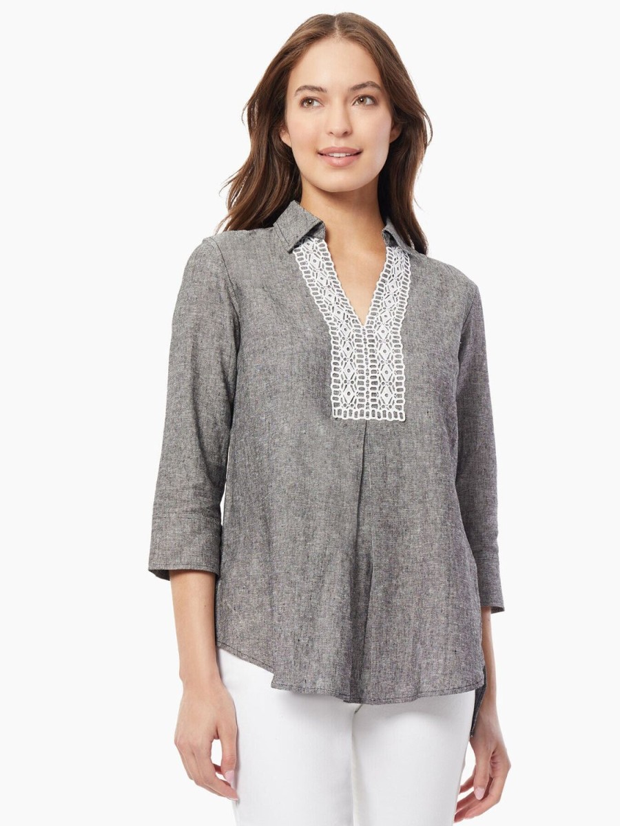 Jones New York Collared Lace-Front Linen-Blend Blouse